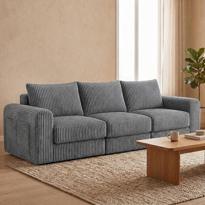 Advwin 235cm 3 Seater Sofa Modular Corduroy Floor Sofa Bed Boneless Cloud Couch No Assembly Grey