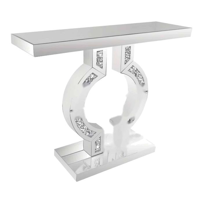 P&P Silver Reflective Console Table with Broken Diamond Detail and Strong Oval Style Base