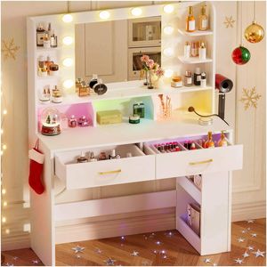 Advwin Dressing Table Stool Set LED Lights Mirror Vanity Desk with Storage Drawers & Charging Station White