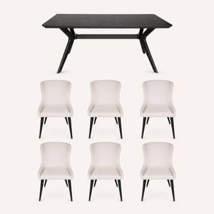 SK Designer Living | 7-Piece Dining Set | Doreen Wood Dining Table 180cm & Osaka Upholstered Dining Chair | Black - Ivory Fabric