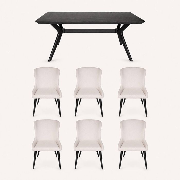 SK Designer Living | 7-Piece Dining Set | Doreen Wood Dining Table 180cm & Osaka Upholstered Dining Chair | Black - Ivory Fabric