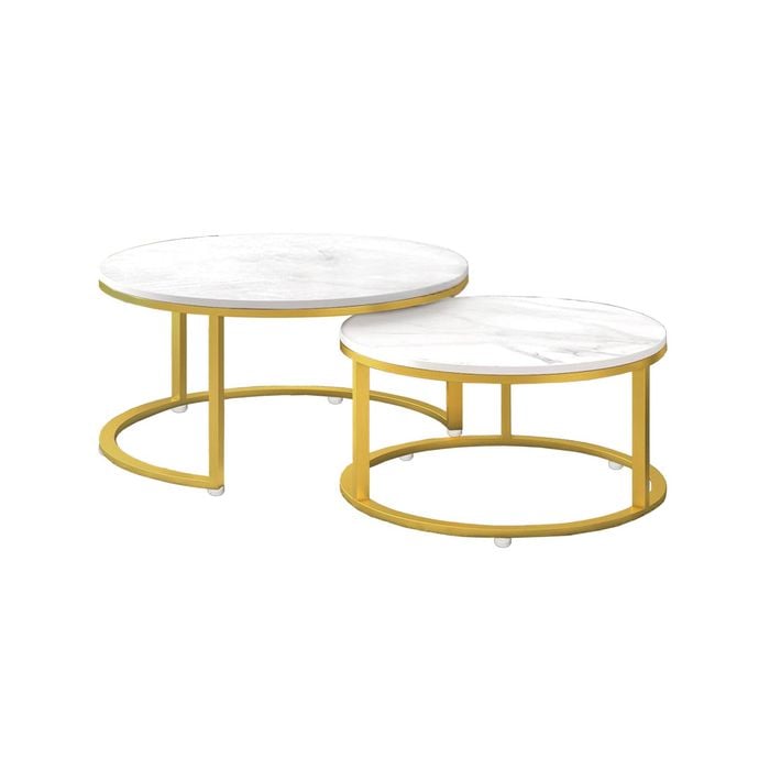 FORET Set of 2 Modern Marble-Look Nesting Coffee Tables Gold Metal Frame