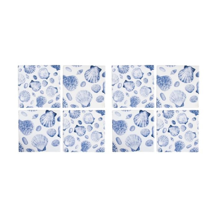 2x 4pc Lvd Glossy Square Ceramic Blue Shells Coaster Set Tableware 10x10cm