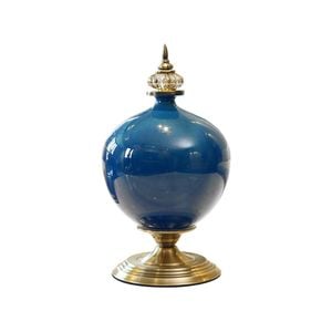 Soga 38.50cm Ceramic Oval Flower Vase With Gold Metal Base Dark Blue