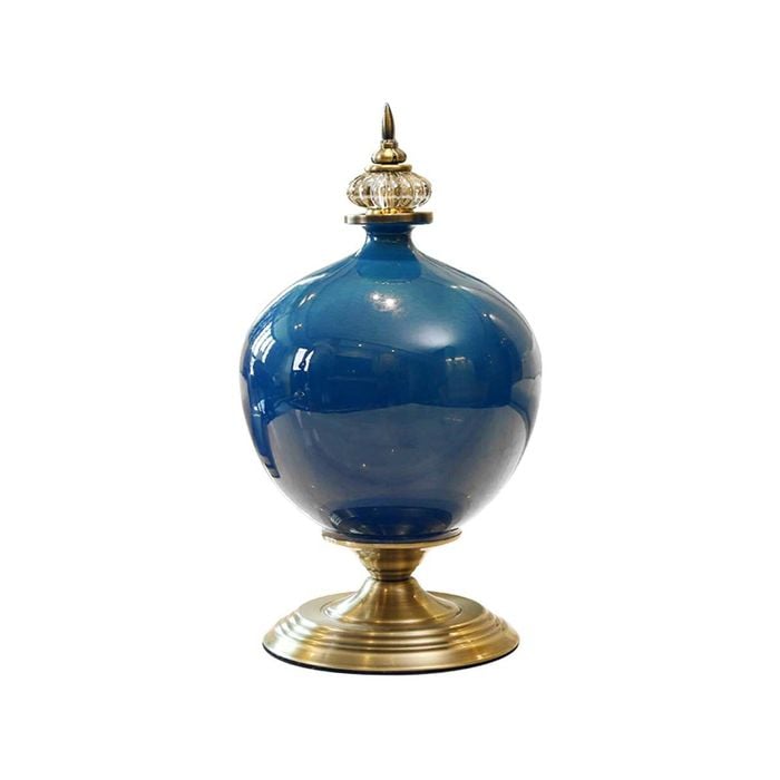 Soga 38.50cm Ceramic Oval Flower Vase With Gold Metal Base Dark Blue
