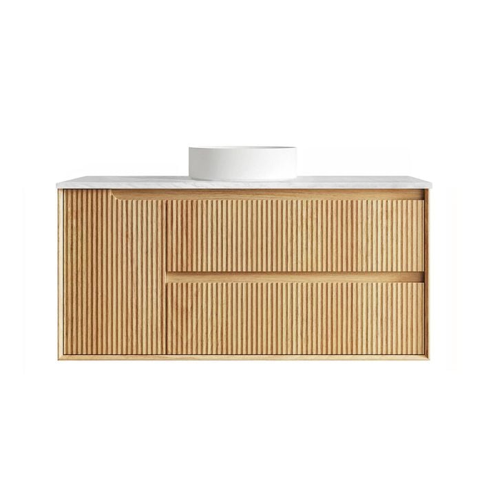 Attica 1200mm English Oak Baia Fluted Vanity With Carrara Stone Top 