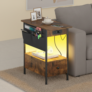 Ufurniture Narrow Side Table LED Bedside Table with Drawer Night Stand Sofa End Table, Walnut and Black