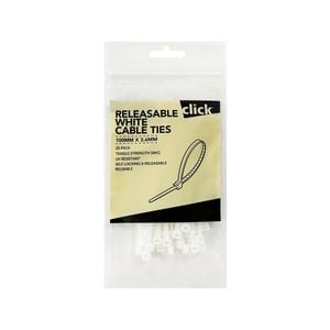 Click 100mm White Releasable Cable Tie - 25 Pack