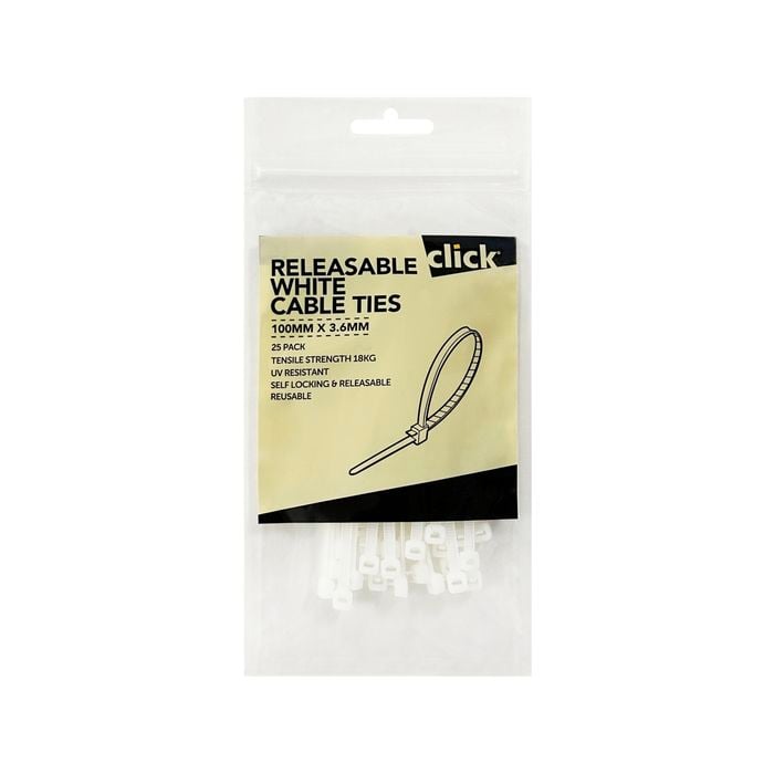 Click 100mm White Releasable Cable Tie - 25 Pack