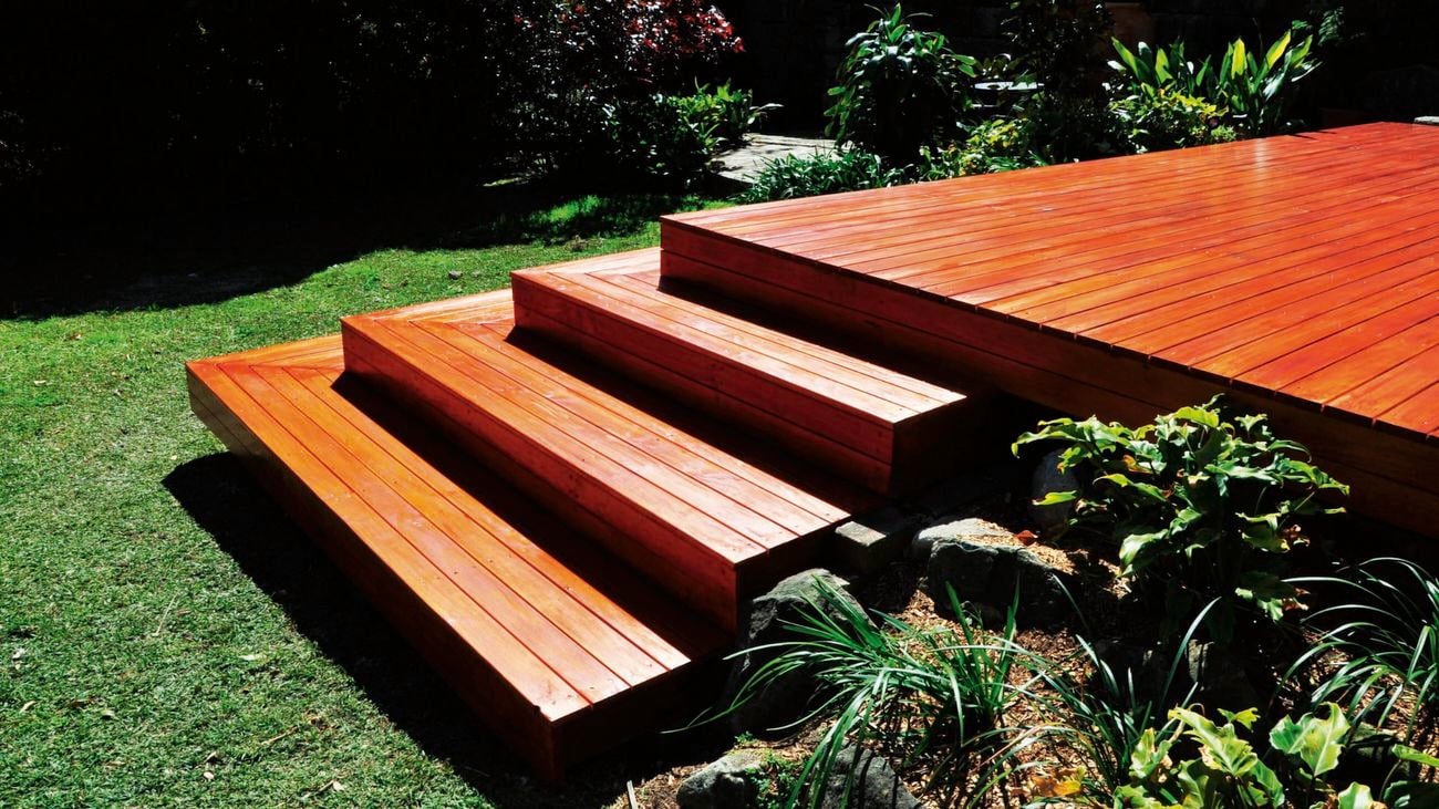 Shot of wooden stairs coated with finish, sun shining on them.