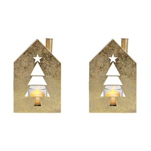 2PK LVD Metal Xmas Tree House Candle Holder Home/Living Room Decor 11x18cm Gold
