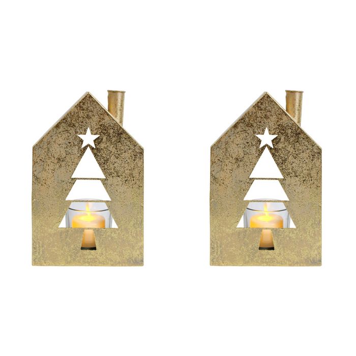 2PK LVD Metal Xmas Tree House Candle Holder Home/Living Room Decor 11x18cm Gold