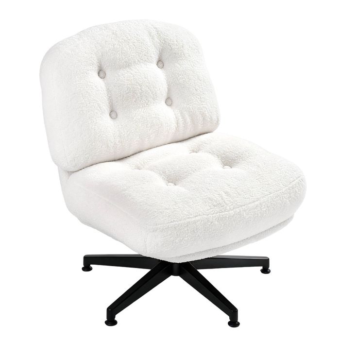 Advwin Armless Office Chair Teddy Fleece Ergonomic Cross Legged Chair Swivel Vanity Chair White