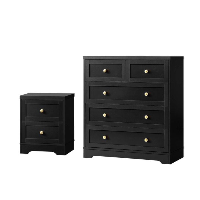 Oikiture 5 Chest of Drawers and Bedside Tables Hamptons Black