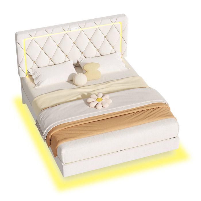 Advwin LED Floating Bed Frame With Charging Station Velvet Upholstered Headboard Queen Size, Beige