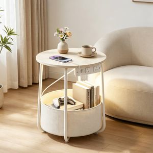 Ufurniture Round Side Table with Charging Station and Storage Basket Sofa End Table Beige
