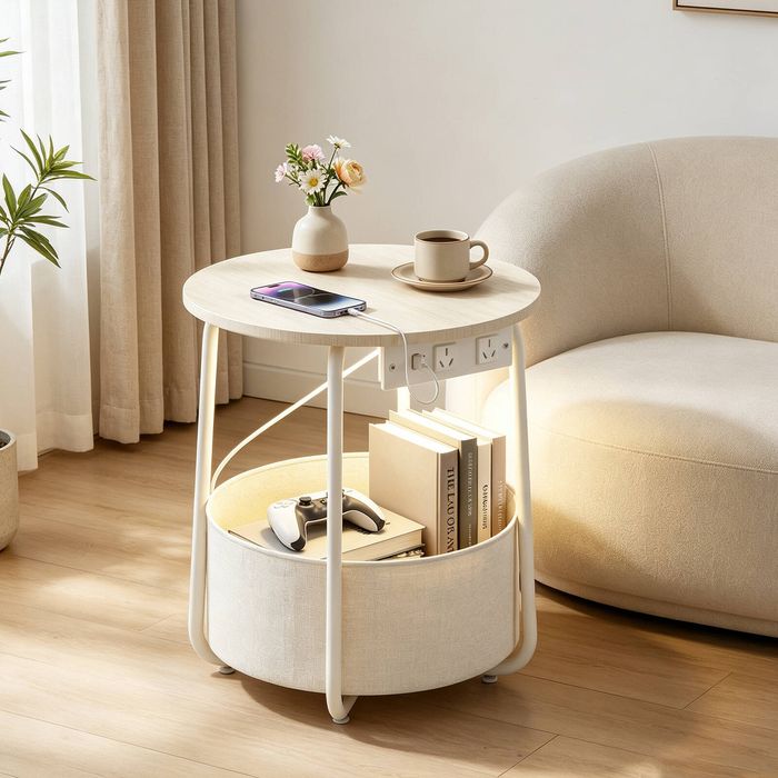 Ufurniture Round Side Table with Charging Station and Storage Basket Sofa End Table Beige