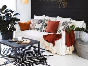 Living room with white, black and rust colour scheme.