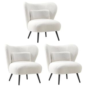 Oikiture 3x Armchair Lounge Chair with Lumbar Pillow Wingback Boucle White