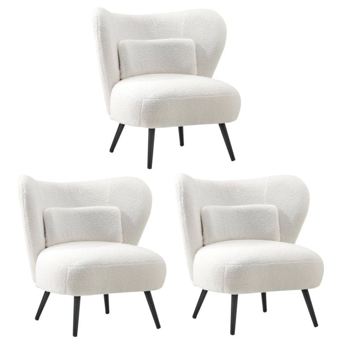 Oikiture 3x Armchair Lounge Chair with Lumbar Pillow Wingback Boucle White