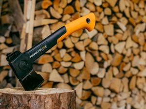 An axe embedded in a wooden stump, with a neatly stacked pile of firewood in the background. The axe has a black head and an orange handle with the brand name “FISKARS” visible on it.
