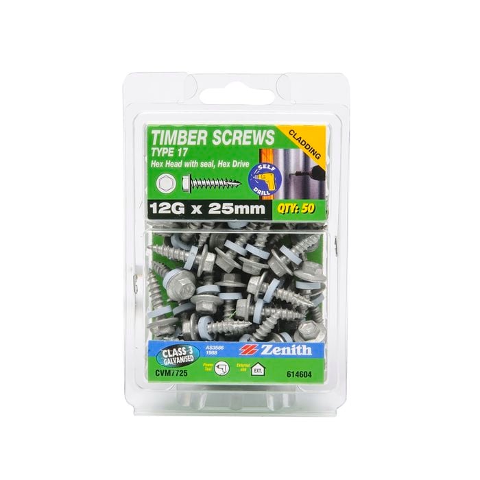 Zenith 12G x 25mm Galvanised T17 Hex Head Seal Timber Screw - 50 Pack