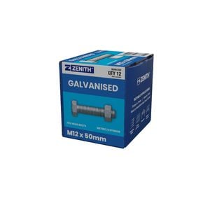 ZENITH M12 x 50mm Hot Dip Galvanised Hex Head Bolts and Nuts - 12 Pack