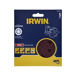 IRWIN 115mm 60 Grit Random Orbital Sanding Disc Quick Fit 8 Holes - 5 Pack