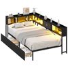 Advwin King Single Corner Bed Frame with Bookcase LED Lights Charging Station L- Shaped Black