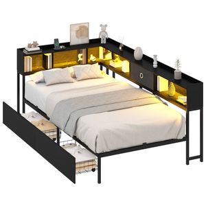 Advwin King Single Corner Bed Frame with Bookcase LED Lights Charging Station L- Shaped Black