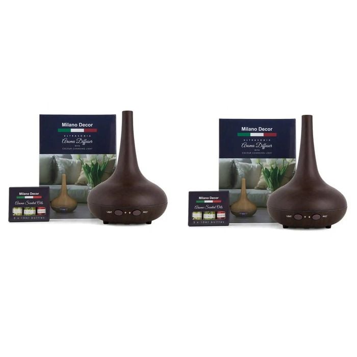 2 X Milano Decor Ultrasonic Aroma Diffusers + 6 Diffuser Oils Set Dark Wood