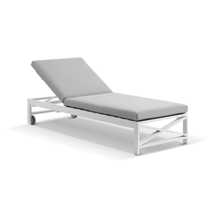 Kansas Outdoor Aluminium Sun Lounge On Wheels White & Textured Olefin Grey Cushions