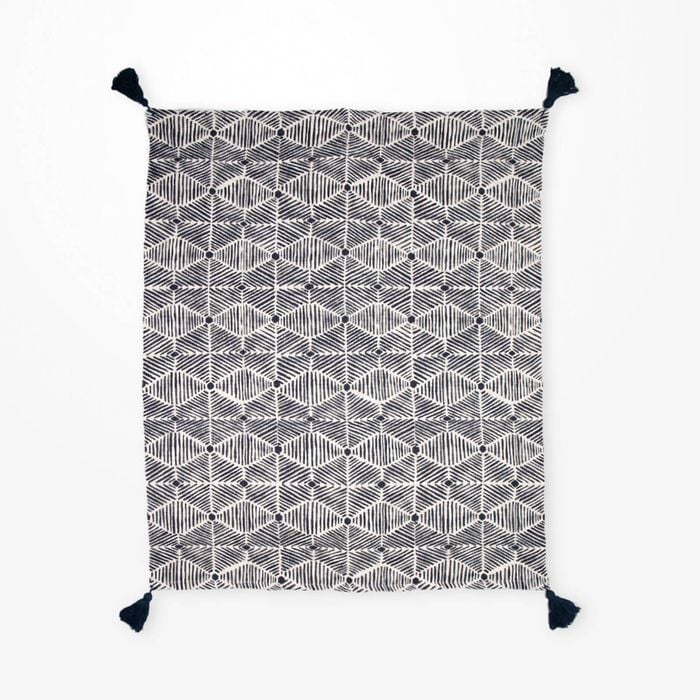 DWBH Printed Cotton Slub Throw Blanket 150x125x1cm NAVY