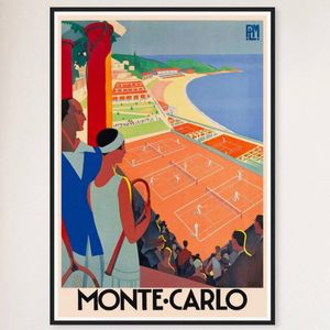 Galrie Monte Carlo Vintage Tennis Travel Poster - Perfect Wall Art for Any Space, Black Frame, A4 21 x 30cm (8 x 12inch)