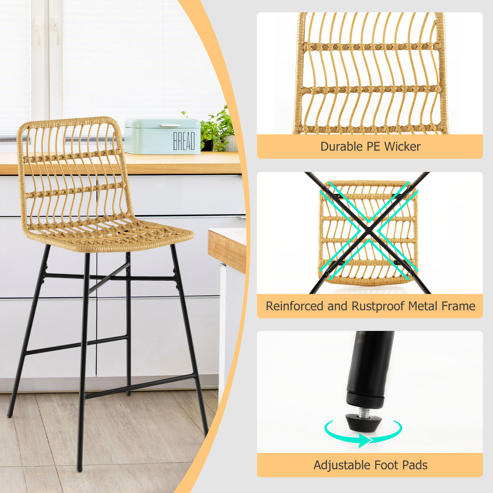 Costway 2x Rattan Bar Stools Height Counter Chairs Metal Frame Barstools Yellow Bunnings Australia