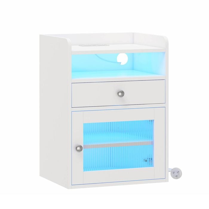 Ufurniture Bedside Table w/ LED & Charging Station, Nightstand End Table with Acrylic Door, White