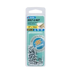 Zenith 1/8" x 12mm Zinc Plated Countersunk Bolt And Nut - 30 Pack