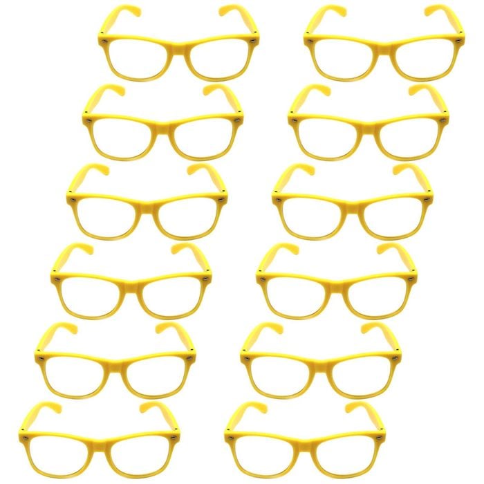 12x Yellow Party Glasses w/ Clear Lenses – Fun 80s Australia Day Costume Glasses - Yellow | Wayfarer | Sunglasses
