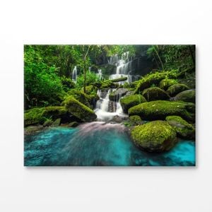 Stunning Waterfall in Green Forest Print 100% Australian Made 90x60cm (Stretched Canvas)
