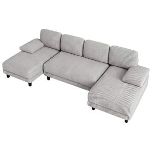 Ufurniture 280cm U-shape 4 Seater Sectional Sofa Couch W/ 2 Chaises Corduroy Upholstered Futon Couch Recliner Light Grey