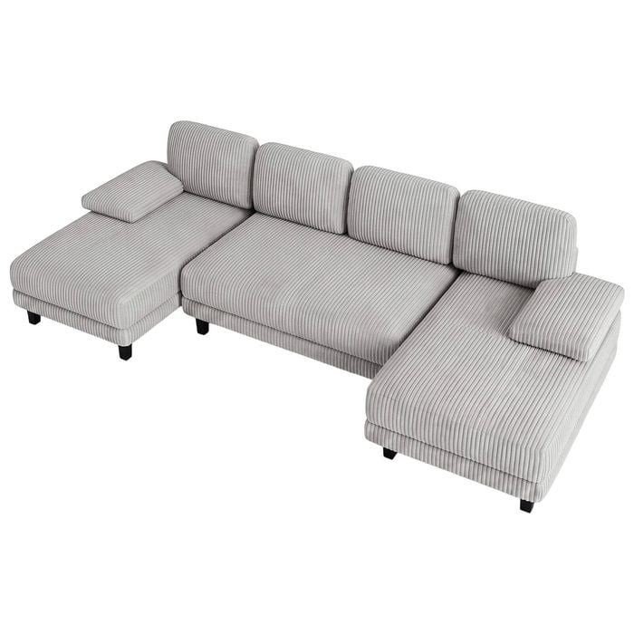 Ufurniture 280cm U-shape 4 Seater Sectional Sofa Couch W/ 2 Chaises Corduroy Upholstered Futon Couch Recliner Light Grey