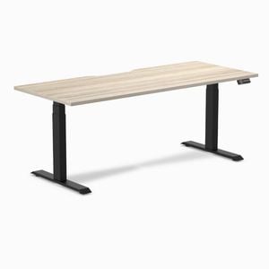 Desky Dual Classic Oak Scalloped Melamine Sit Stand Desk 180x75cm Matte Black Frame Leg