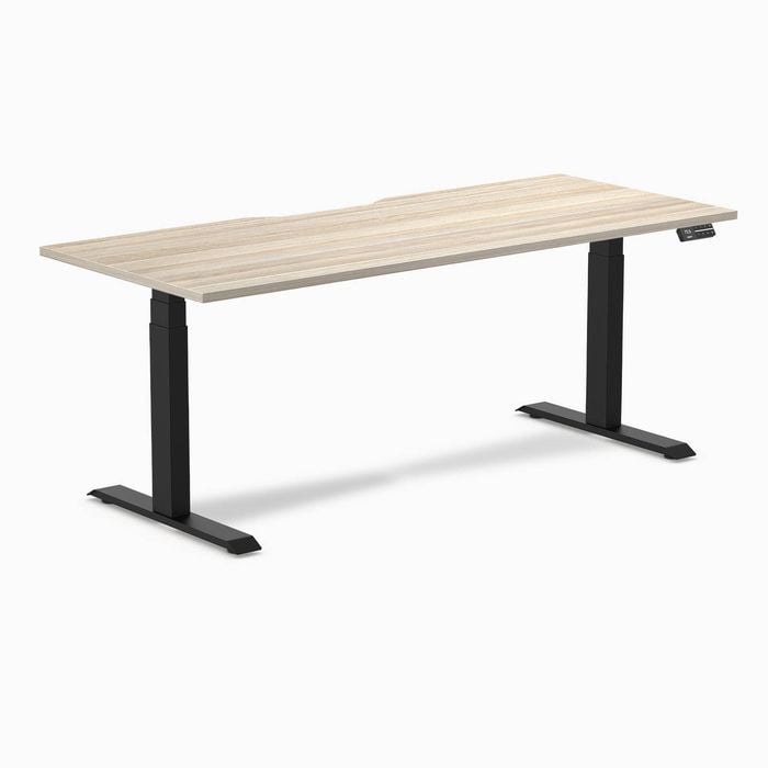 Desky Dual Classic Oak Scalloped Melamine Sit Stand Desk 180x75cm Matte Black Frame Leg