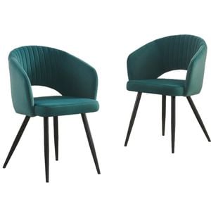 BRIBRION x2 Velvet Dining Chairs with Arms Black Metal Legs Upholstered Open Stitching Back Modern Kitchen Teal Green