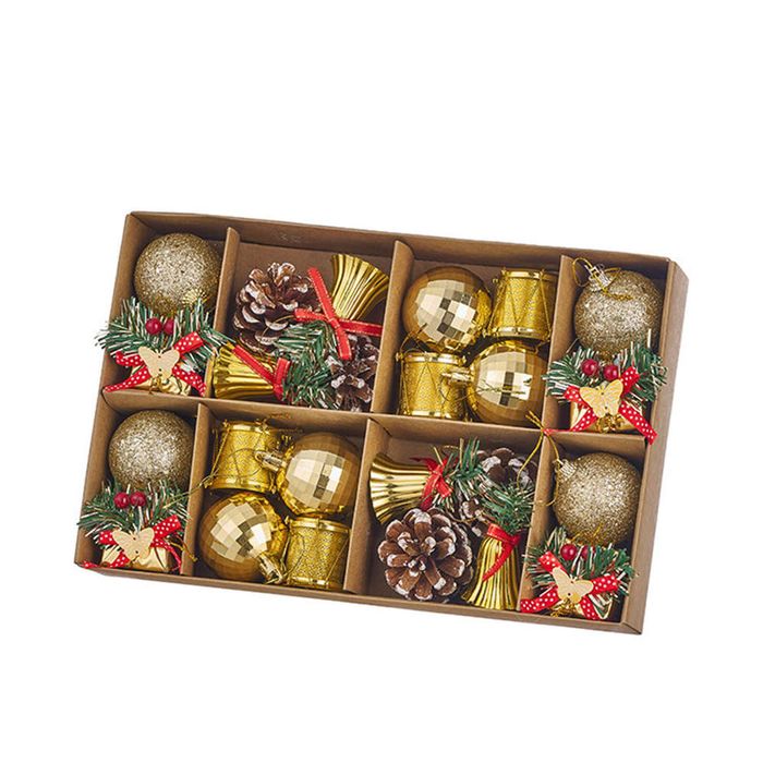 Catzon 24 Pcs Christmas Ball Ornaments Including Pine Cones & Gift Box & Drums for Xmas Decor-Gold