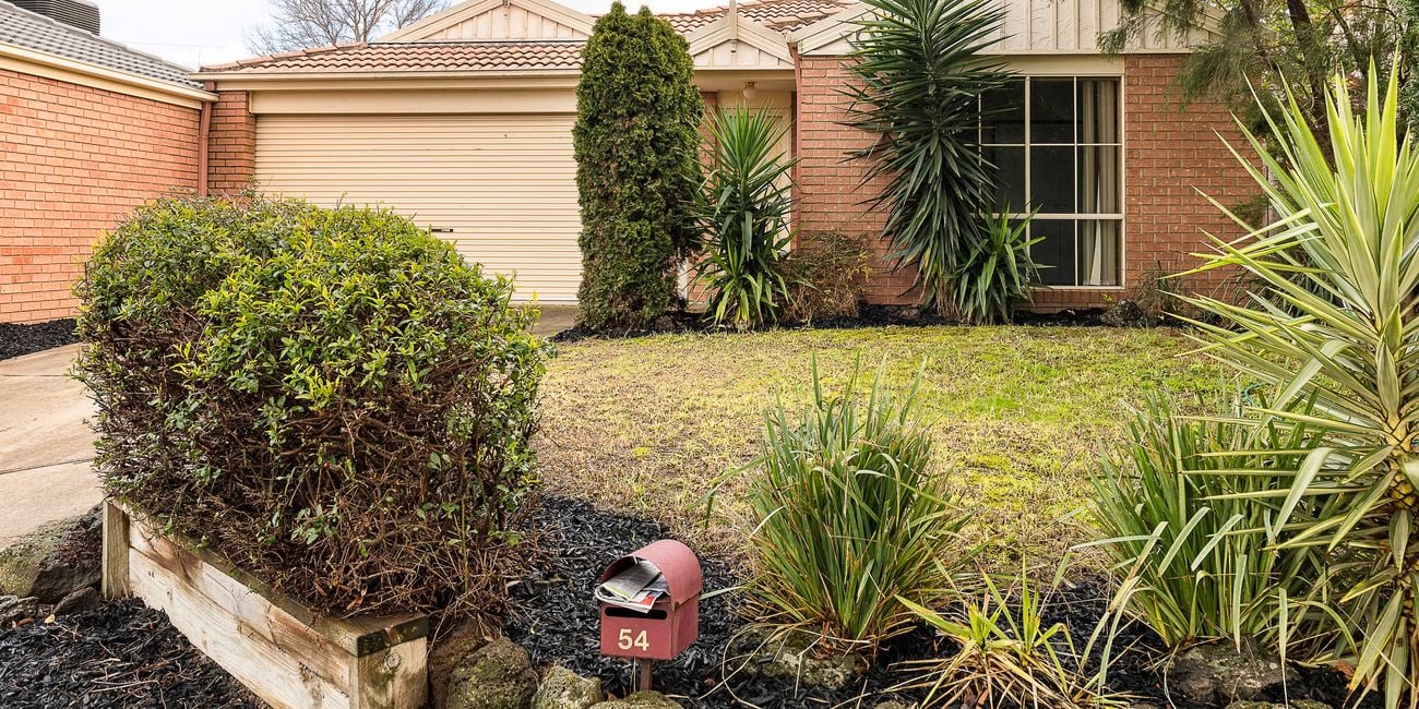 Tired brick house with overgrown garden and patchy lawn.