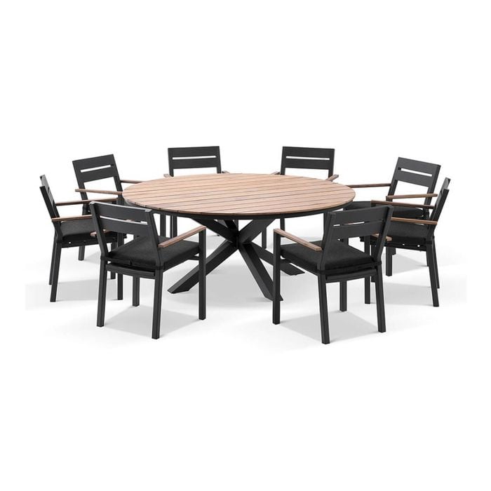 Tuscany Round 1.8m Outdoor Aluminium And Teak Dining Table Charcoal With 8 Capri Chairs & Denim Grey Cushions