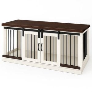 Paws and Willow Open Plan Arctic White with Espresso Top Wooden Dog Crate Barn Doors with Bars