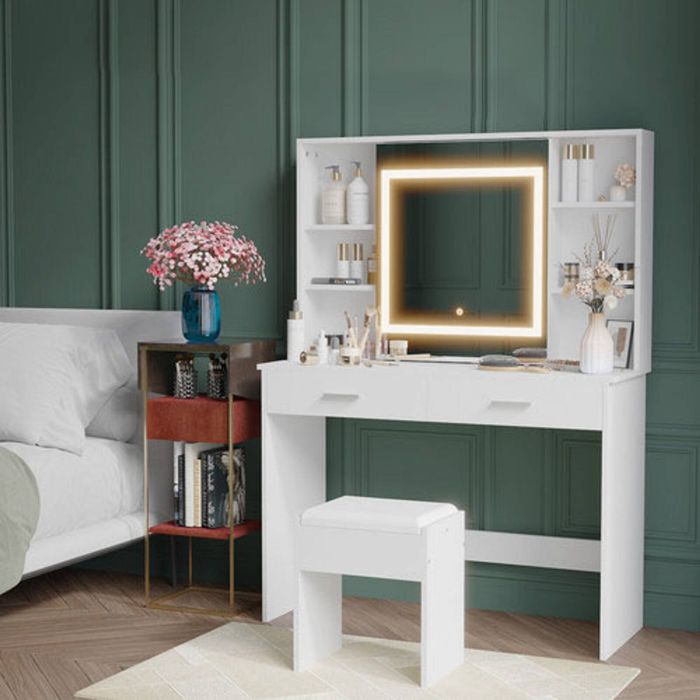 Ufurniture Dressing Table with LED Slide Make up Mirror Hidden Storage Shelf White