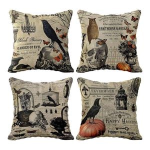 Catzon 4 Pcs Scary Throw Pillow Covers Linen Cushion Case for Decor 50X50cm